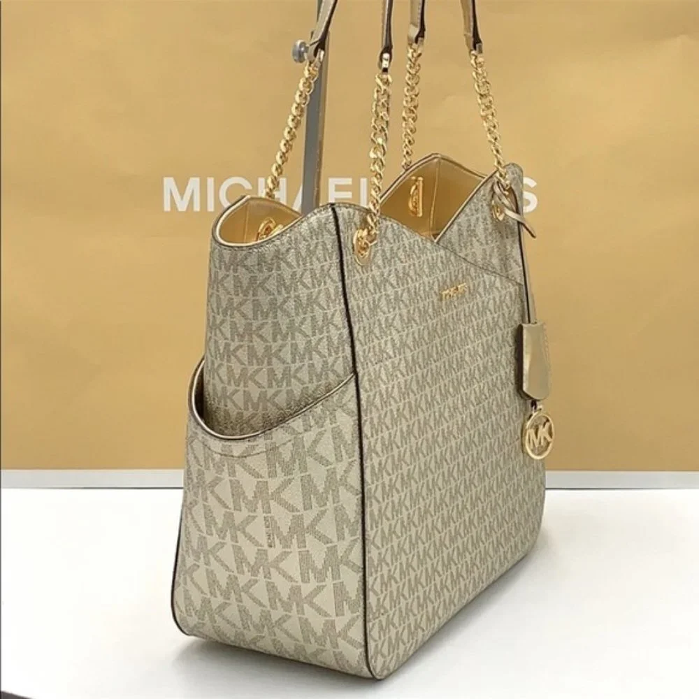 MICHAEL KORS LARGE X CHAIN SHOULDER TOTE BAG PALE GOLD COLOR